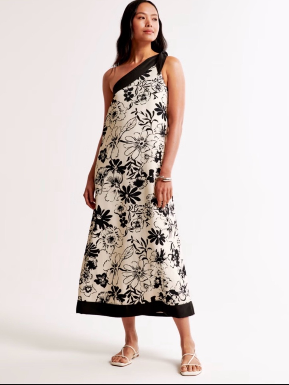 Abercrombie & Fitch One-Shoulder Black and Cream Floral Midi Dress Tall MT